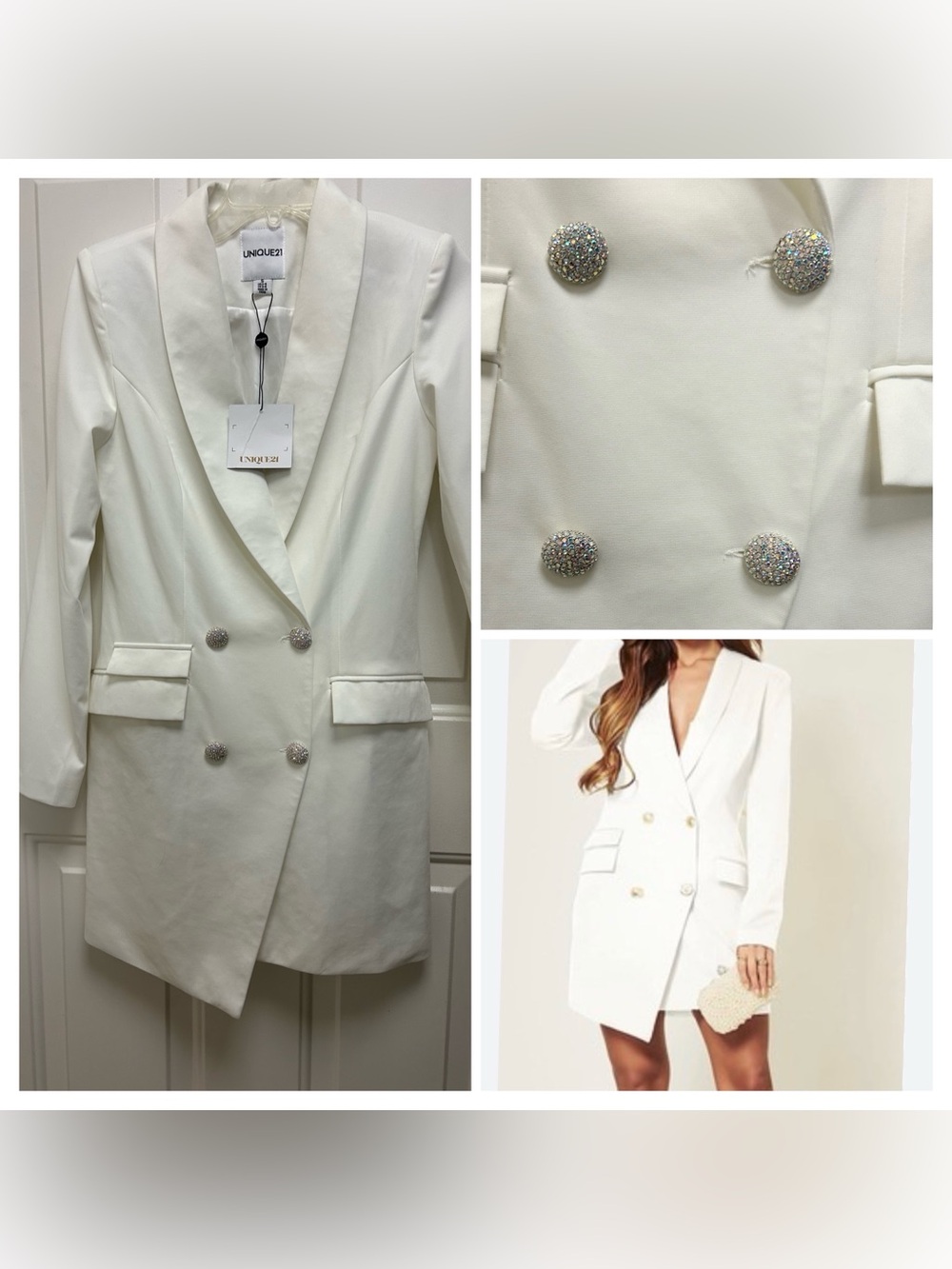 Unique21 White Double-Breasted Blazer Dress with Crystal Embellished Buttons